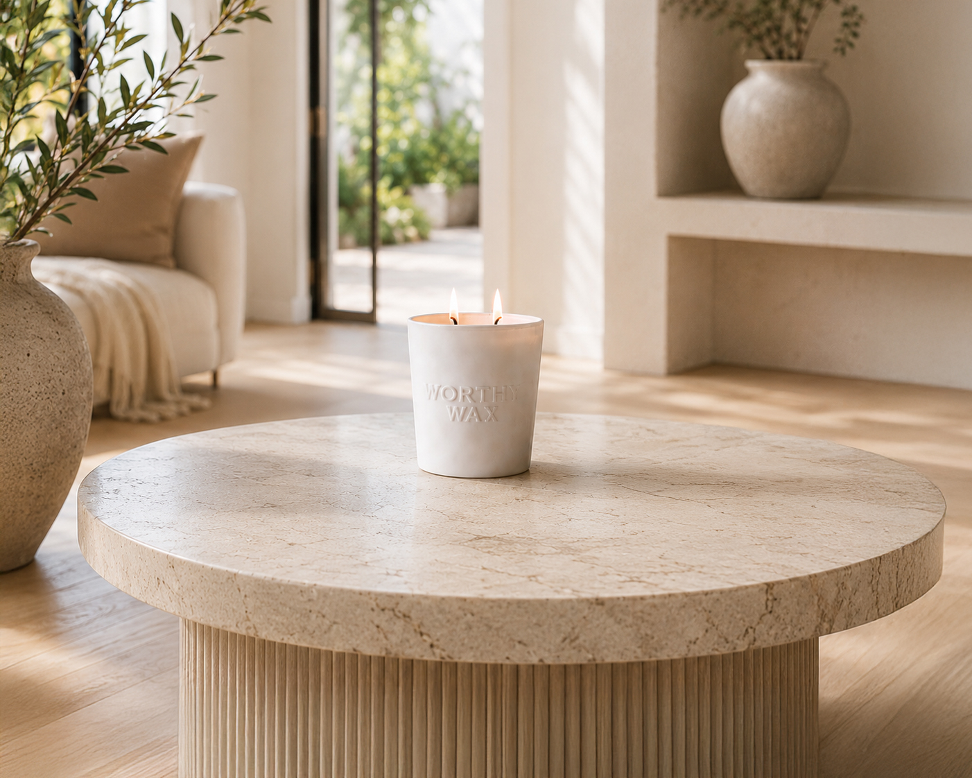Citrus, Woods, Amber and Musk hand-poured soy candle in a matte ceramic Worthy Wax vessel
