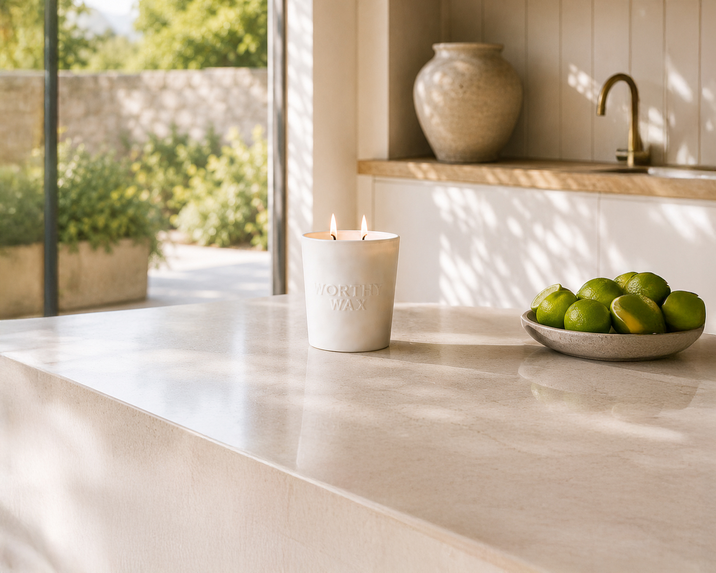 Lime Basil and Mandarin hand-poured soy candle in a matte ceramic Worthy Wax vessel