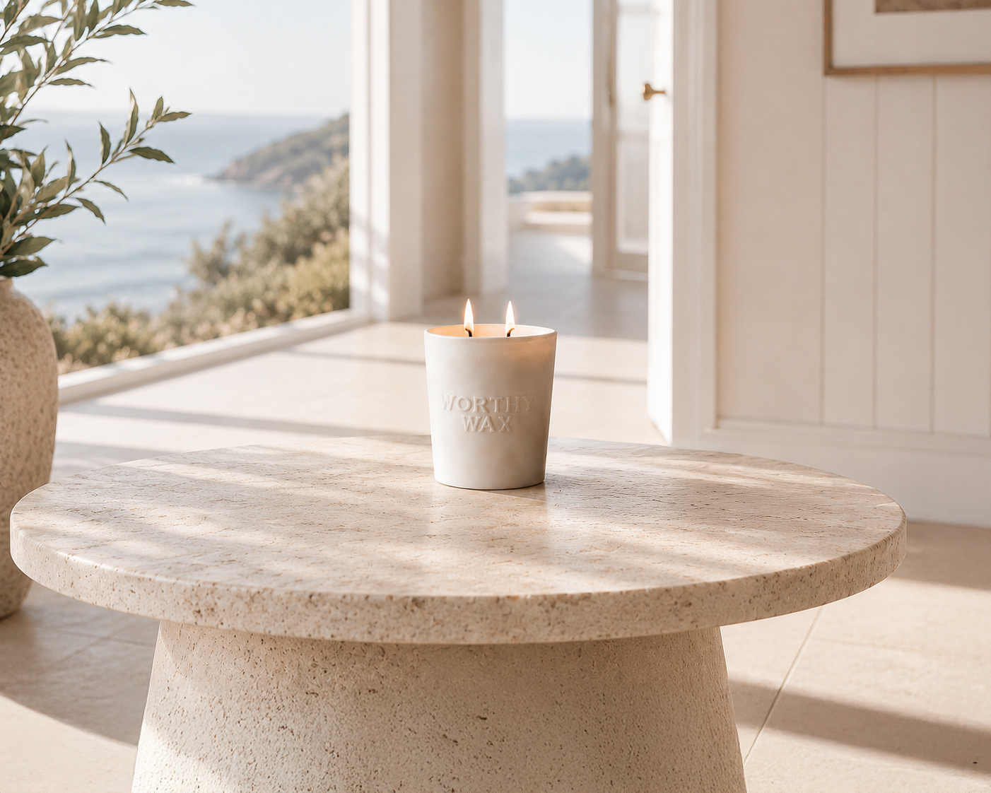 Sage, Bergamot and Cedarwood hand-poured soy candle in a matte ceramic Worthy Wax vessel