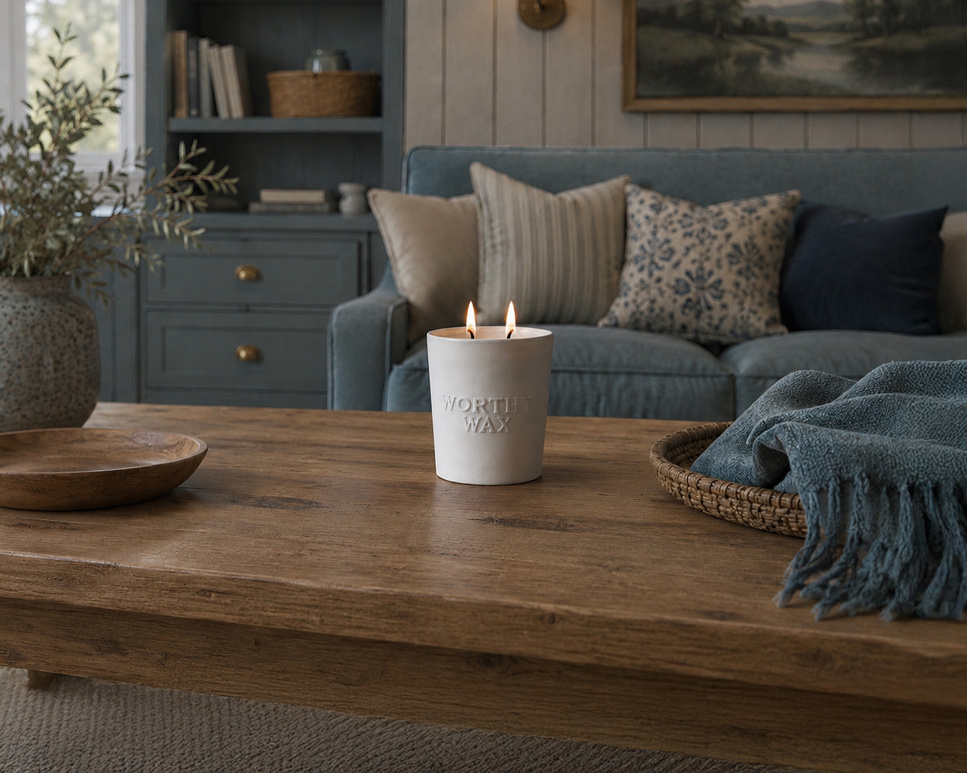 English Oak and Hazelnut hand-poured soy candle in a matte ceramic Worthy Wax vessel