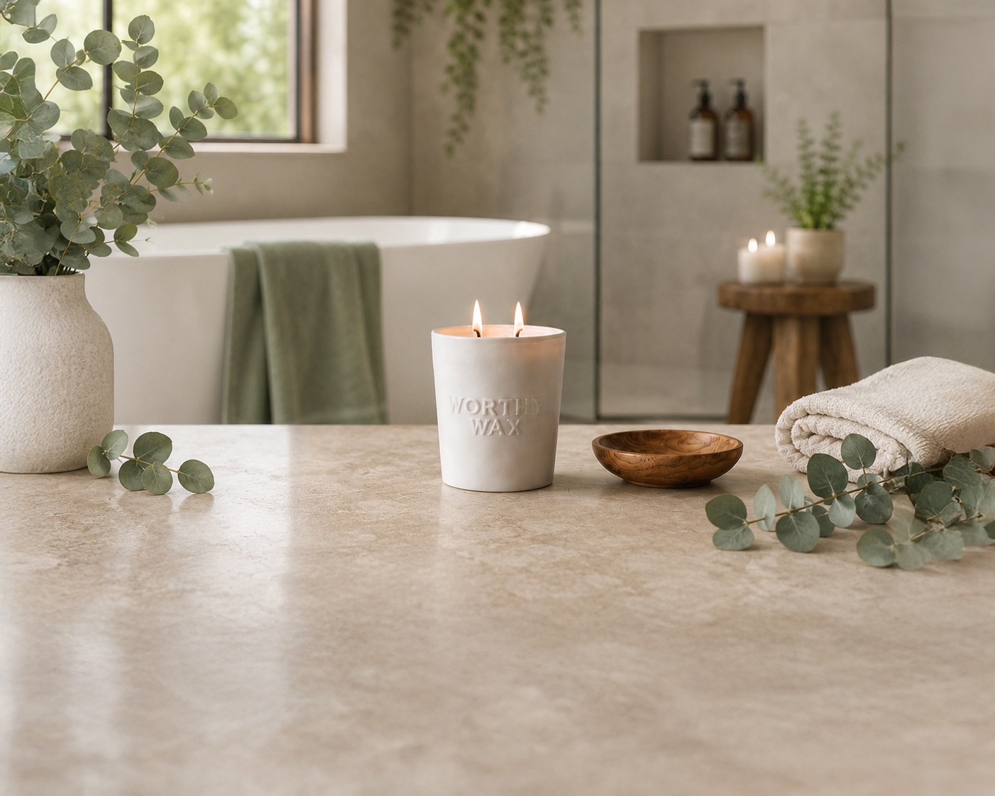 Rainforest and Eucalyptus hand-poured soy candle in a matte ceramic Worthy Wax vessel