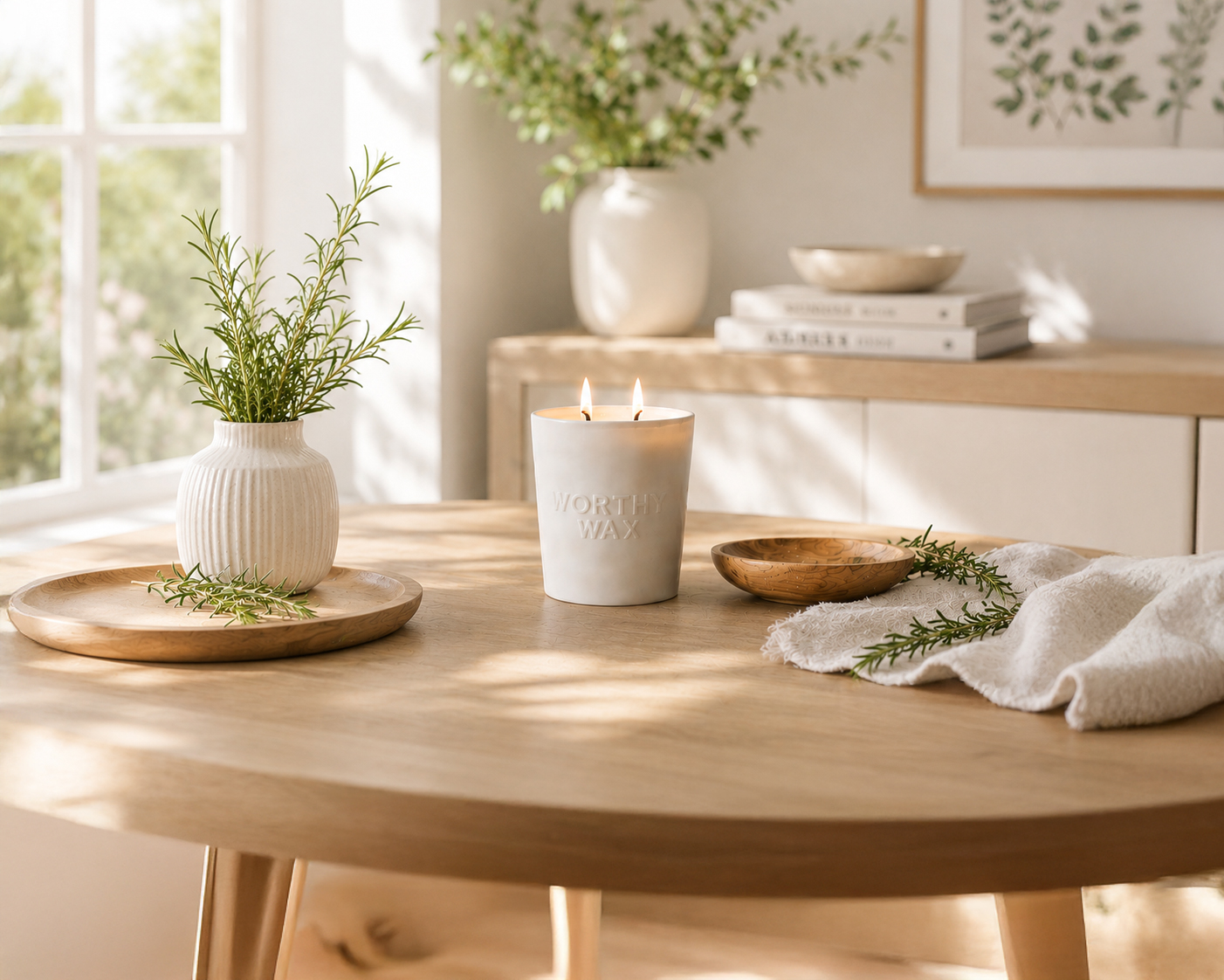 Sweet Orange and Rosemary hand-poured soy candle in a matte ceramic Worthy Wax vessel