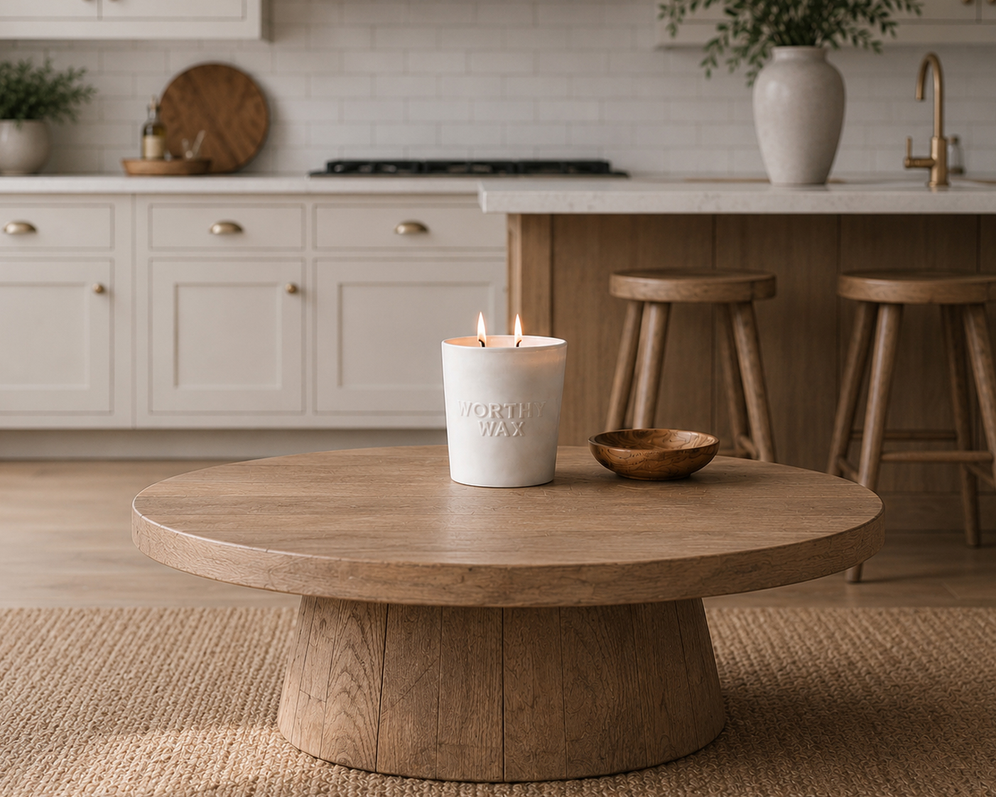 English Pear and Freesia hand-poured soy candle in a matte ceramic Worthy Wax vessel