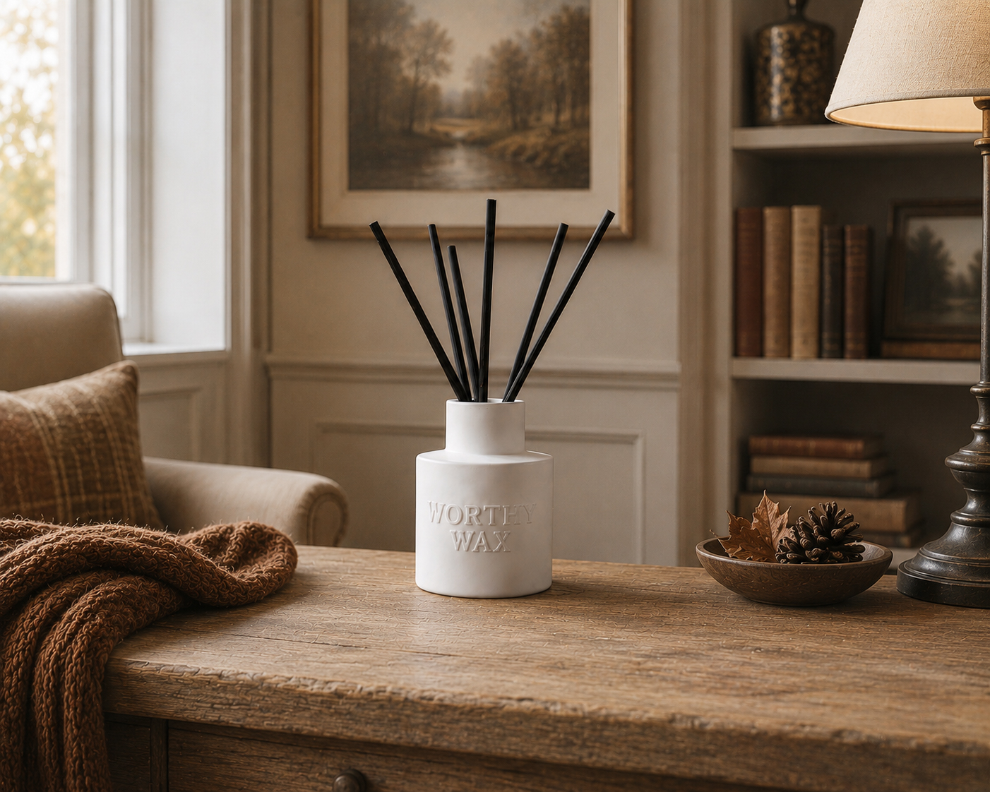 Autumn Haven reed diffuser with black reeds in a matte ceramic Worthy Wax bottle