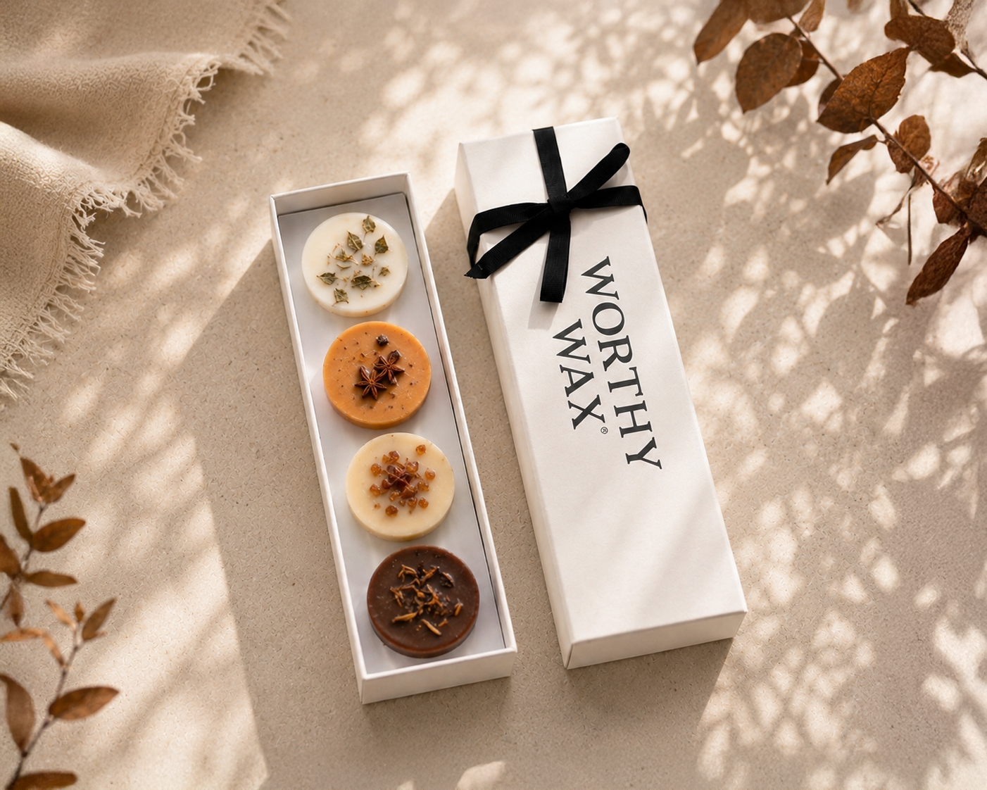 Autumn soy wax melt quartet in a Worthy Wax gift box