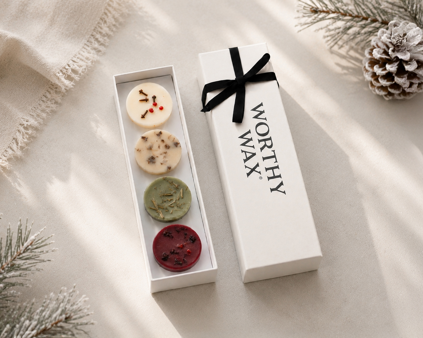 Winter soy wax melt quartet in a Worthy Wax gift box