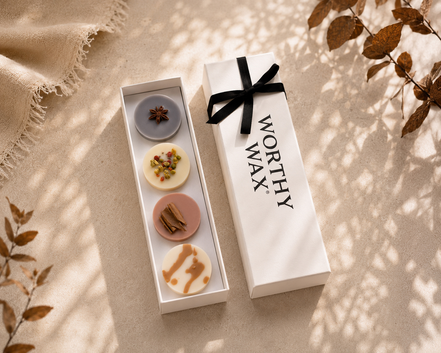 Autumn soy wax melt quartet in a Worthy Wax gift box