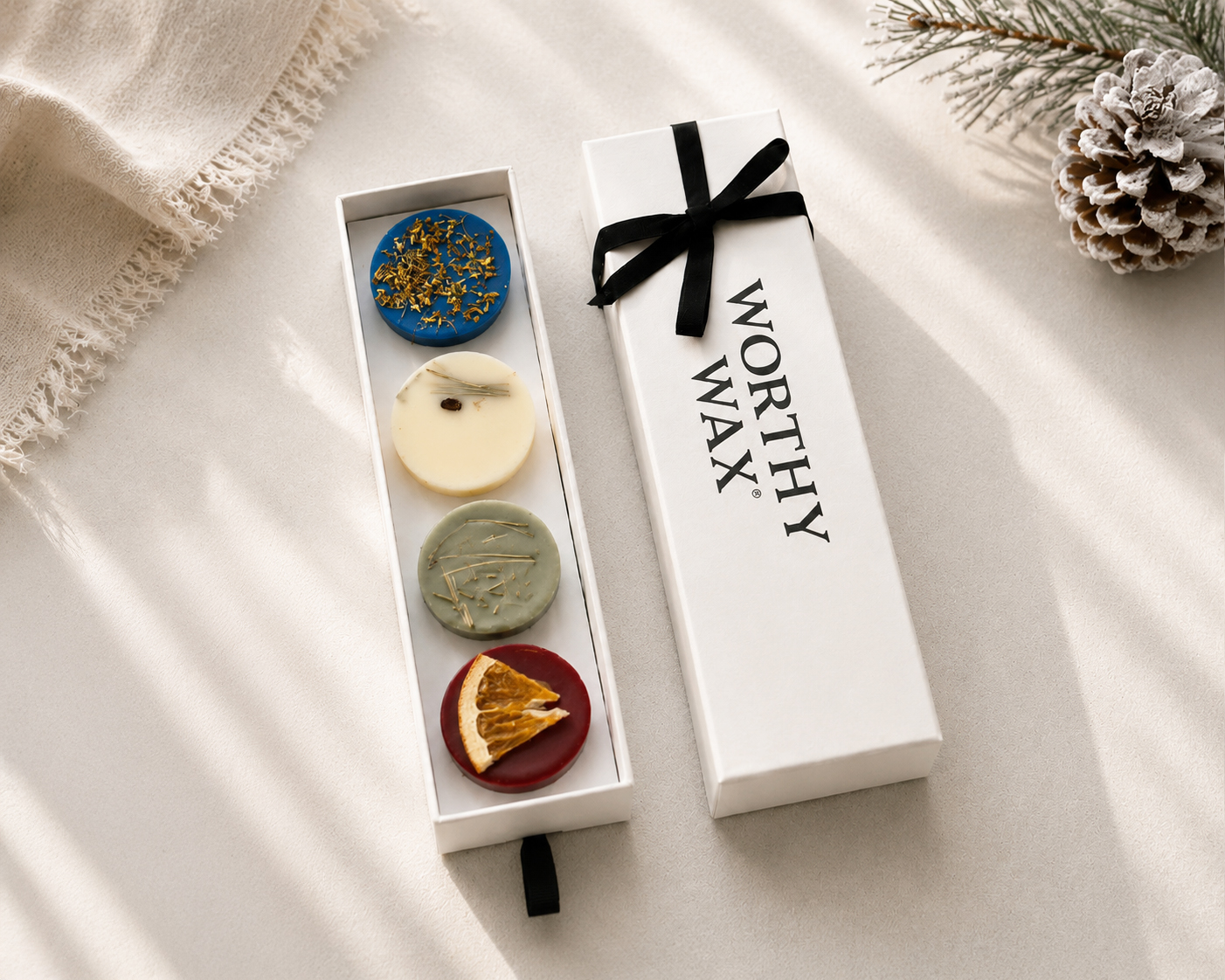 Winter soy wax melt quartet in a Worthy Wax gift box